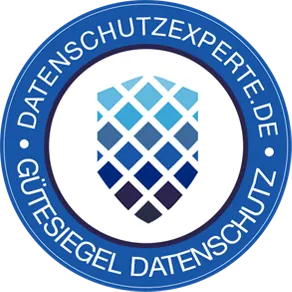 Schild-Symbol mit blauem Rautenmuster in einem blauen Kreis mit deutschem Text zum Datenschutz