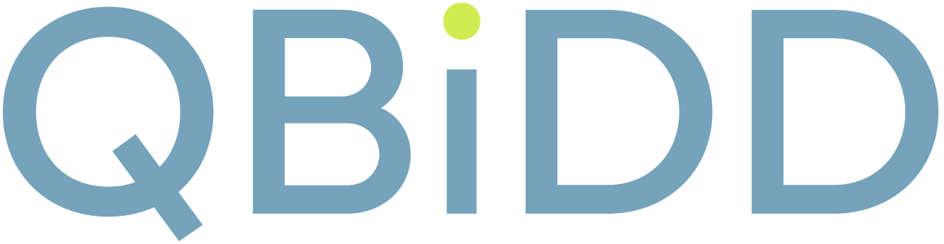 QBiDD company logo with blue letters and a green dot above the letter i.