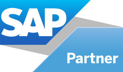 SAP Partner logo with white text on a blue and grey geometric background.