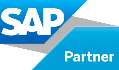 SAP Partner logo with white text on a blue and grey geometric background.