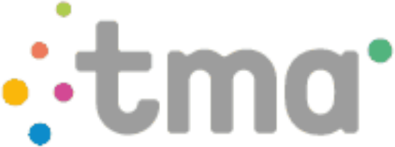 tma text logo with colorful dots arranged around it