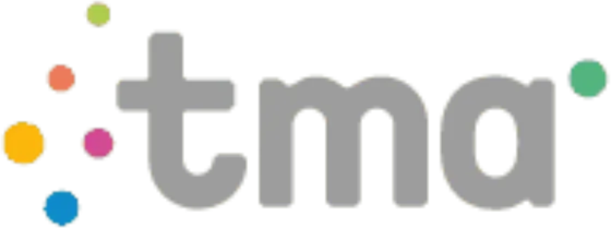 logo text tma cu puncte colorate aranjate în jurul său