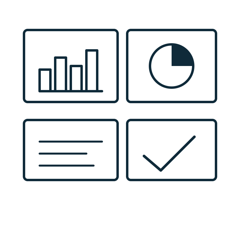 Four icons: bar chart, pie chart, text lines, and a check mark in separate boxes.