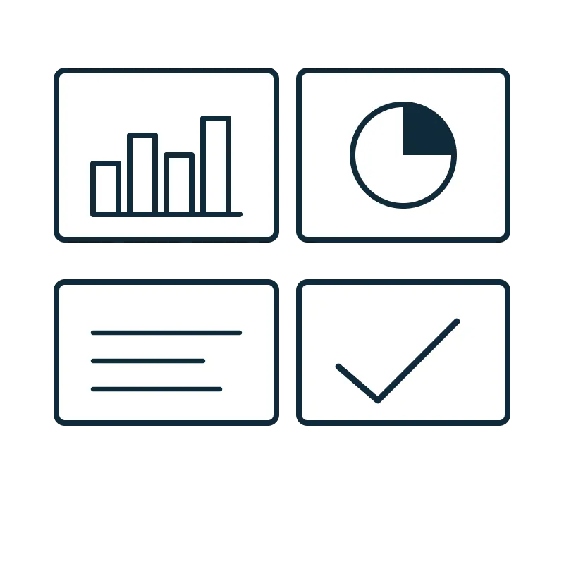 Four icons: bar chart, pie chart, text lines, and a check mark in separate boxes.
