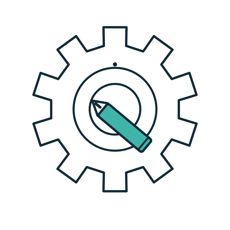 White gear with a teal pencil icon in the centre on a transparent background.