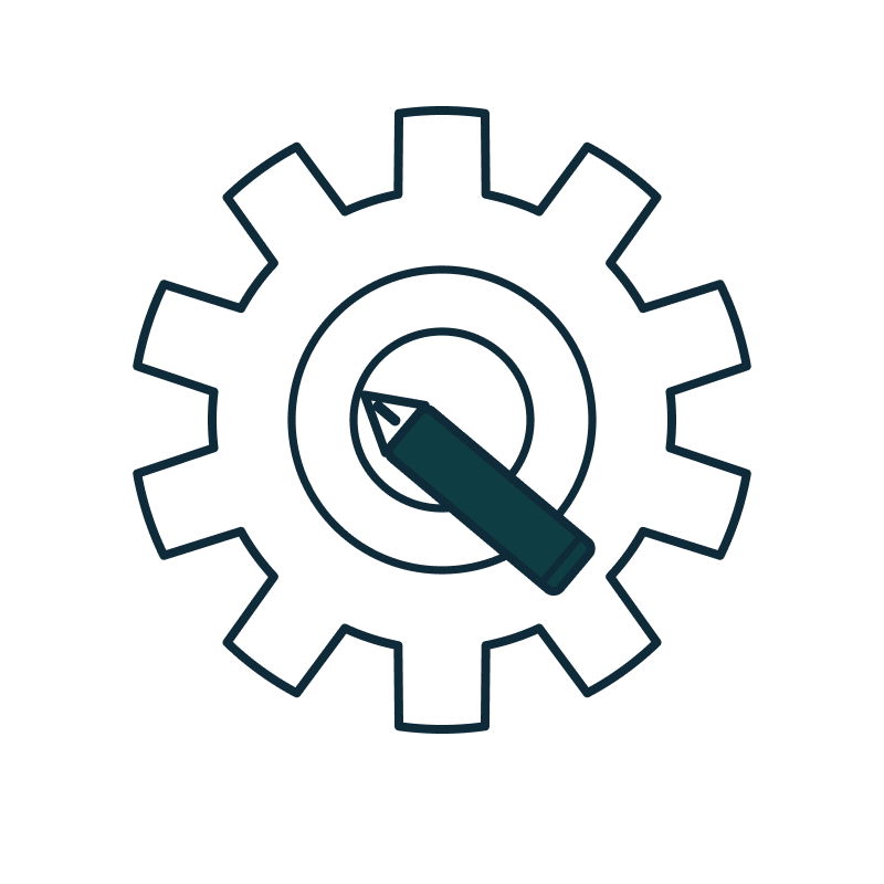 White gear shape with a dark teal pencil angled across its center.