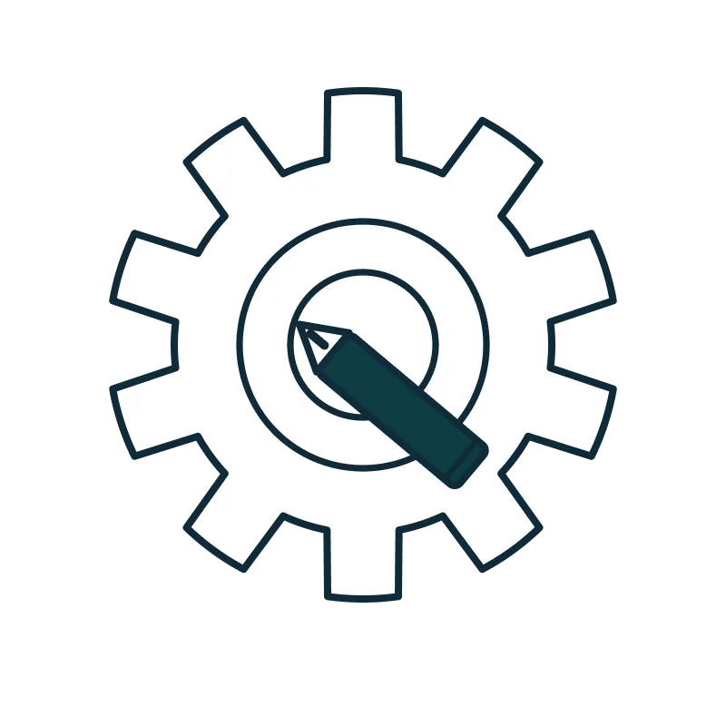 White gear shape with a dark teal pencil angled across its center.