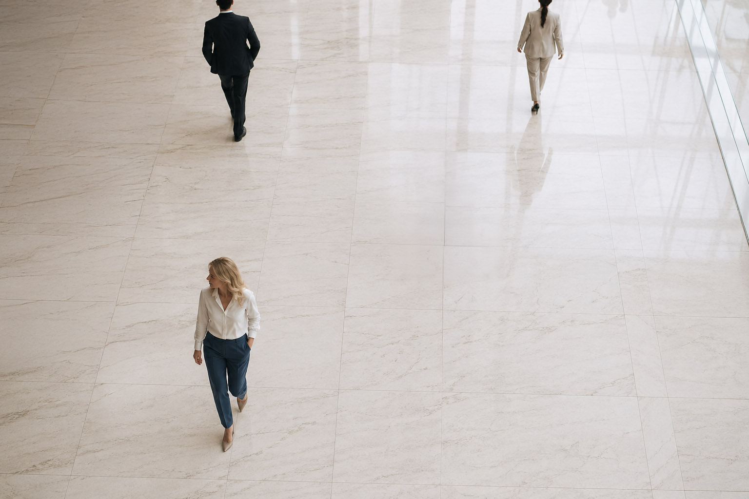 Three business people walking apart on a large light marble floor space in an office building.