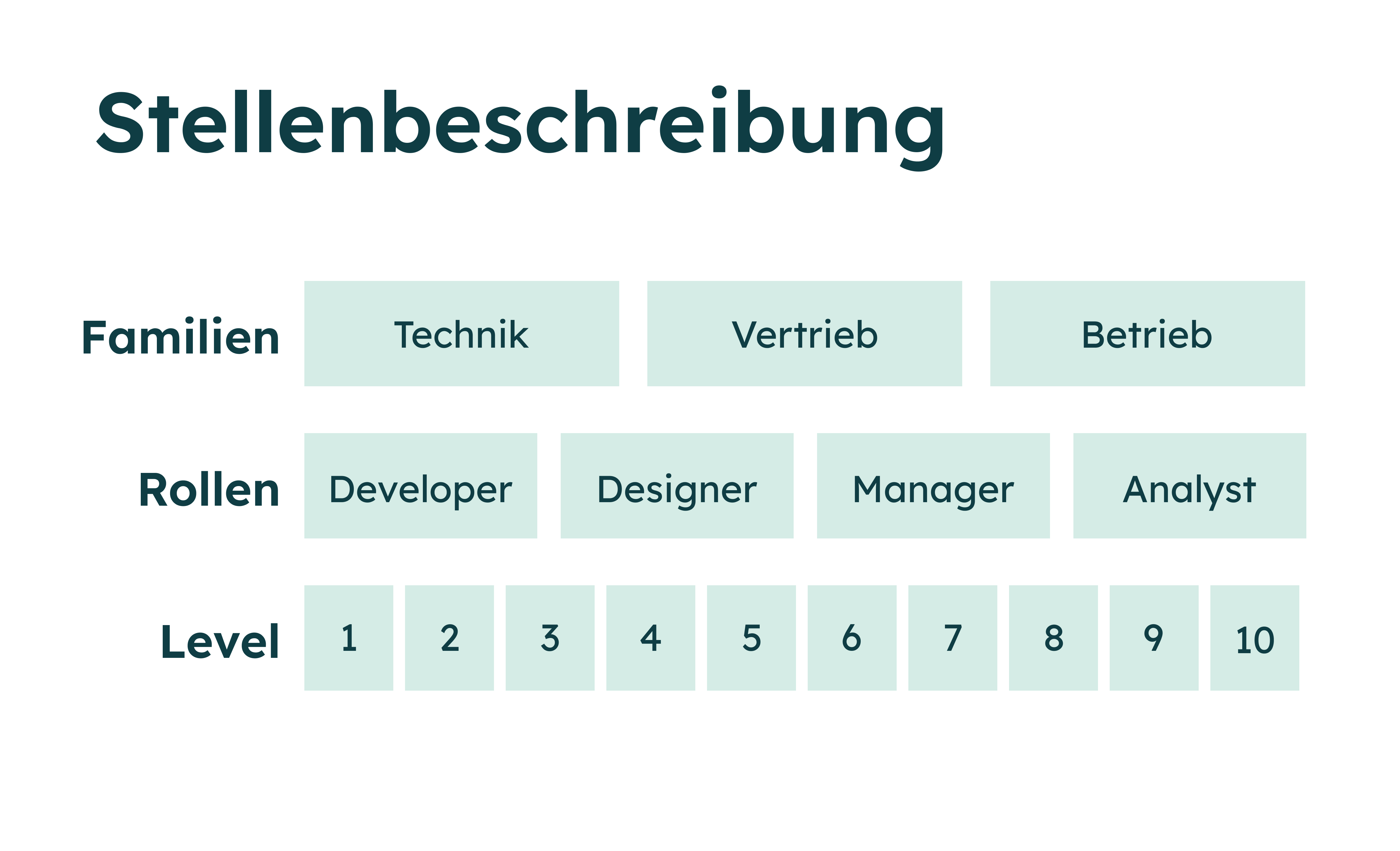Struktur von Stellenbeschreibungen mit drei Bereichen: Technik, Vertrieb, Betrieb; Rollen wie Developer und Designer; Stufen 1 bis 10