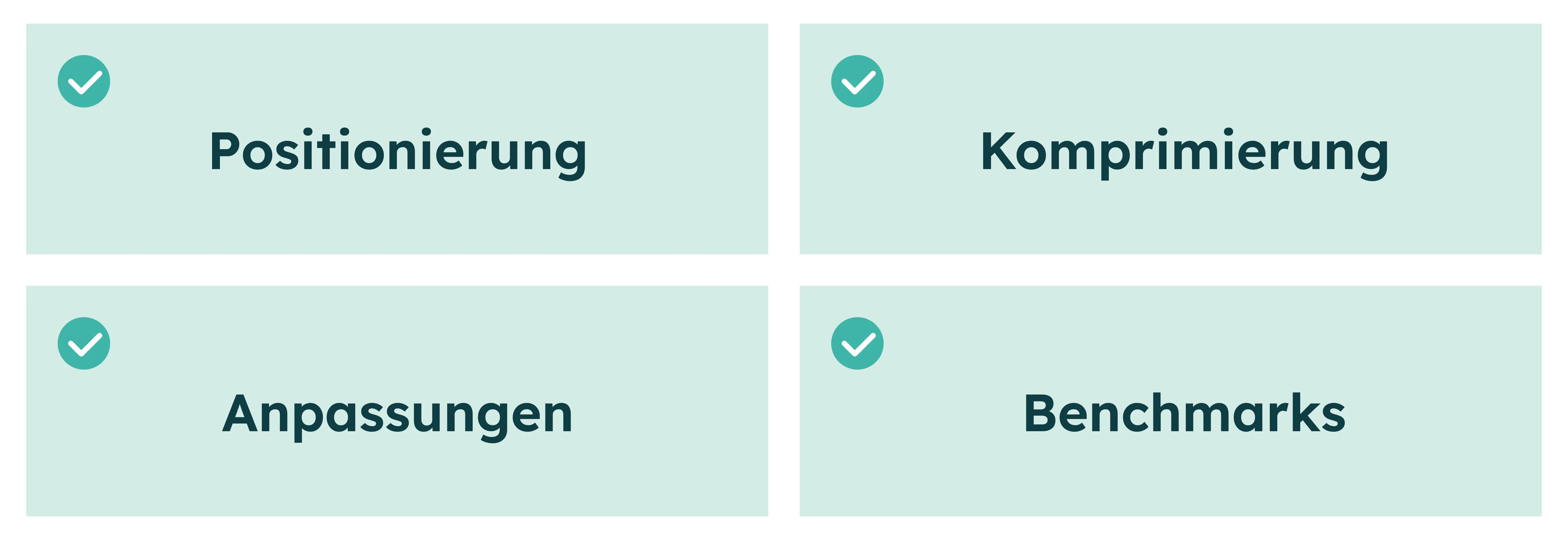 Vier beschriftete Felder mit Häkchen-Symbolen: Positionierung, Komprimierung, Anpassungen et Benchmarks