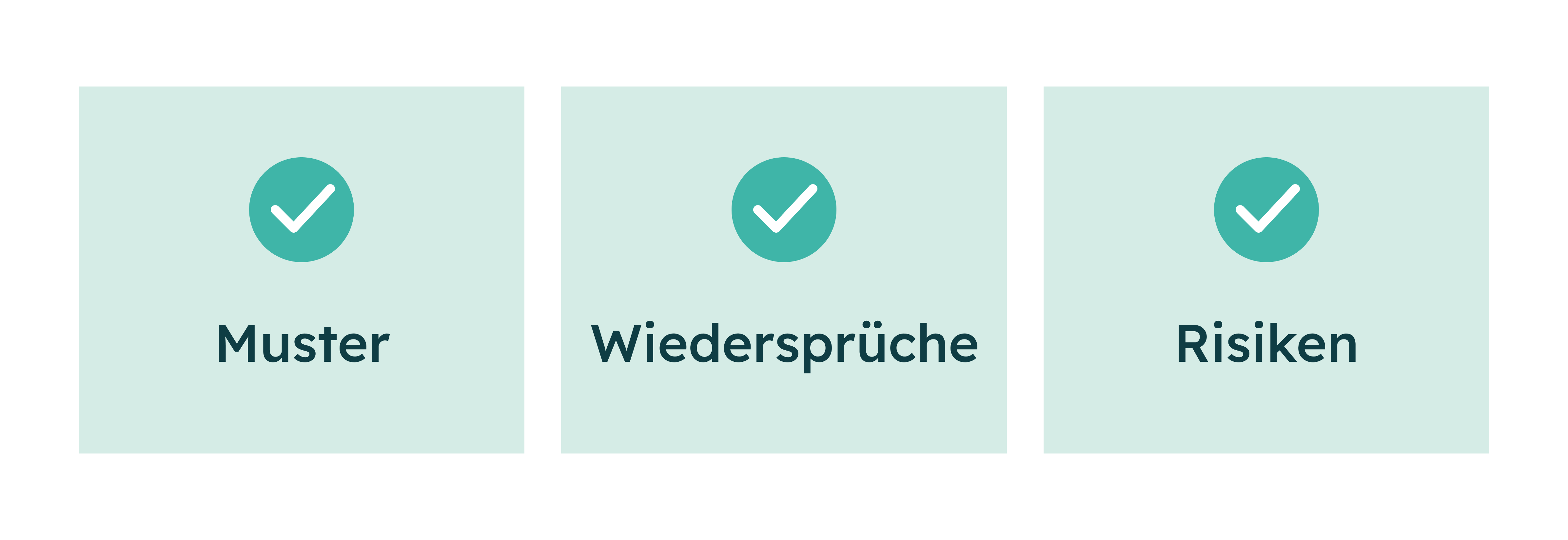 Drei grüne Felder mit Häkchen und den Begriffen Muster, Widersprüche und Risiken