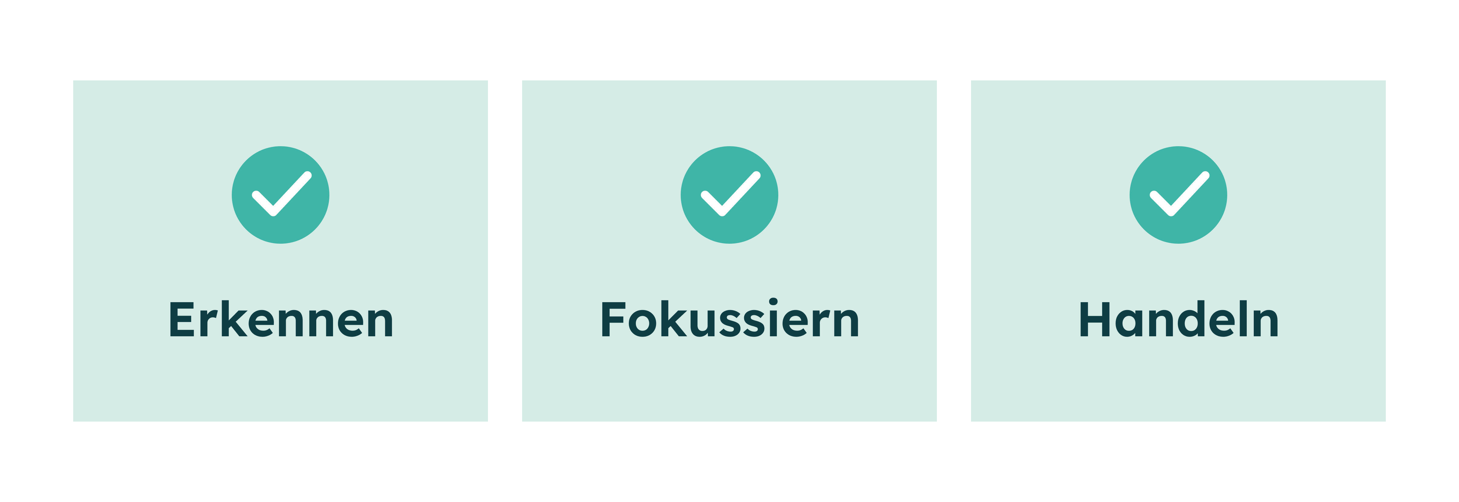 Drei grüne Quadrate mit Häkchen und den Worten Erkennen, Fokussieren und Handeln