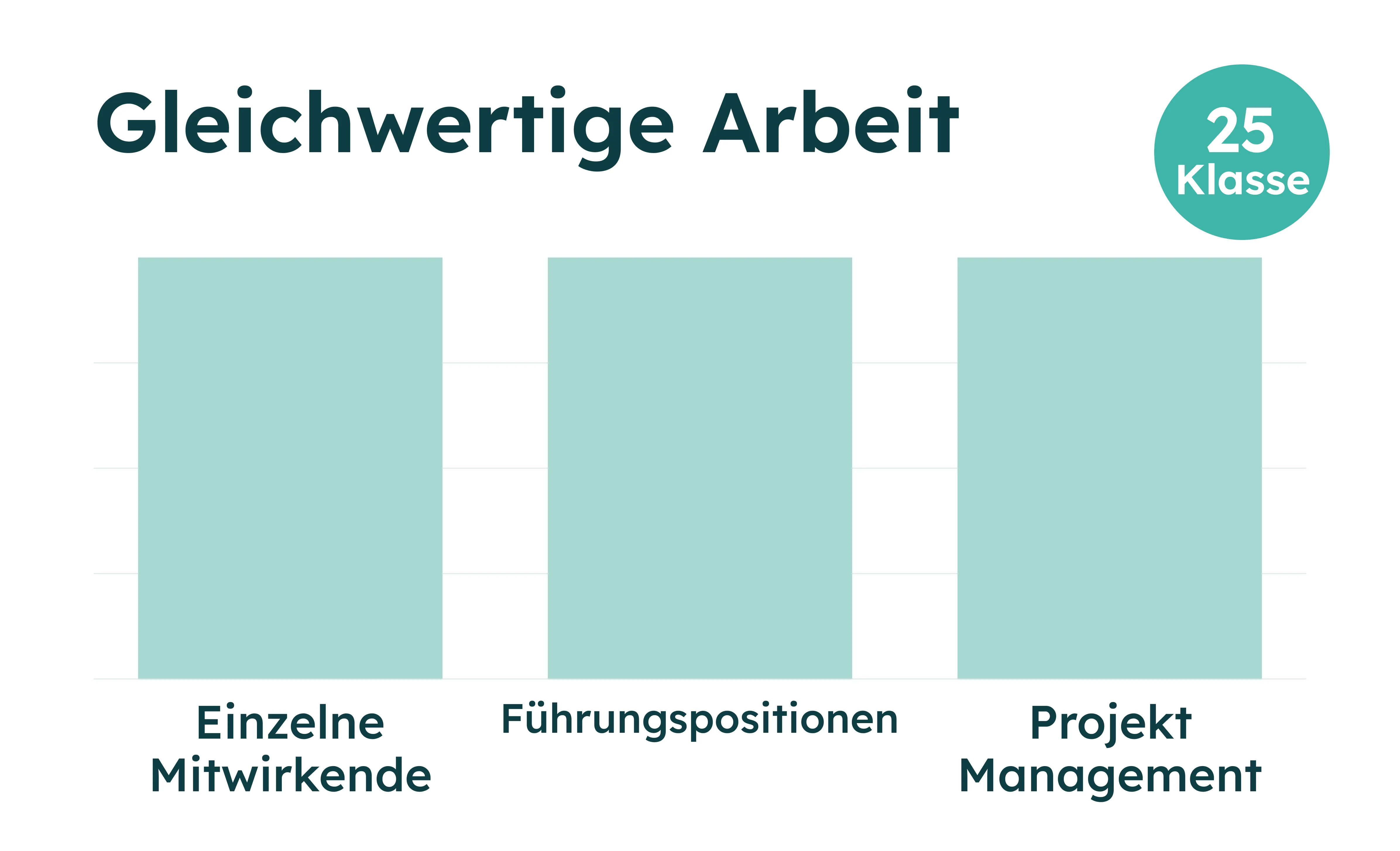 Balkendiagramm „Gleichwertige Arbeit“ mit drei Balken für Einzelpersonen, Führung und Projektmanagement, Wert 25