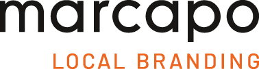 Marcapo logo with black text and orange tagline reading Local Branding.