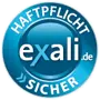 Blaues rundes Siegel mit der Aufschrift „haftpflicht sicher“ und „exali.de“ in der Mitte