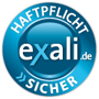 Blue circular badge with text 'haftpflicht sicher' and 'exali.de' in the center.