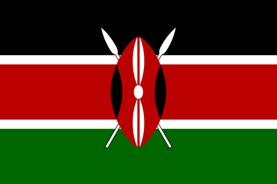 Flag of Kenya with black, red, and green horizontal stripes and a central shield and crossed spears