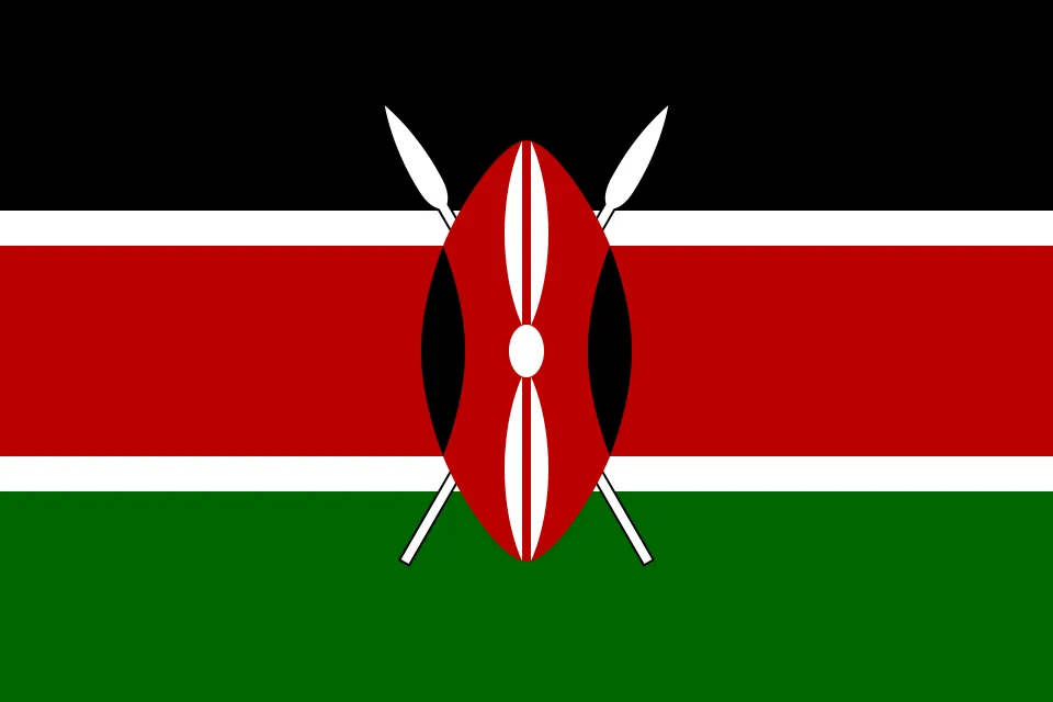 Drapeau du Kenya avec des bandes horizontales noires, rouges et vertes, un écu central et des lances croisées.