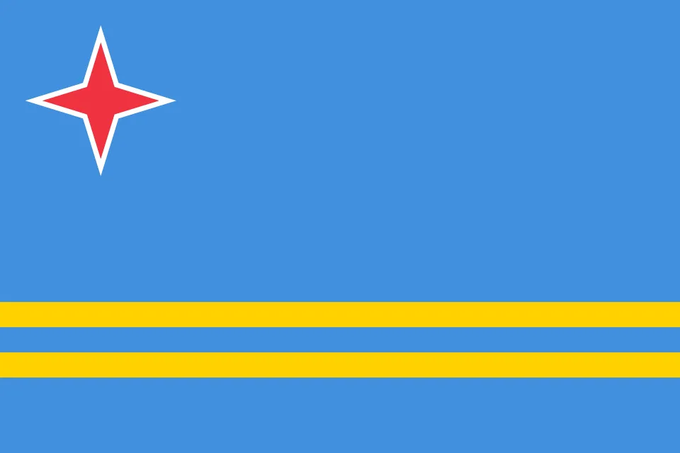 Drapeau d'Aruba avec deux bandes horizontales jaunes et une étoile rouge bordée de blanc sur fond bleu clair.