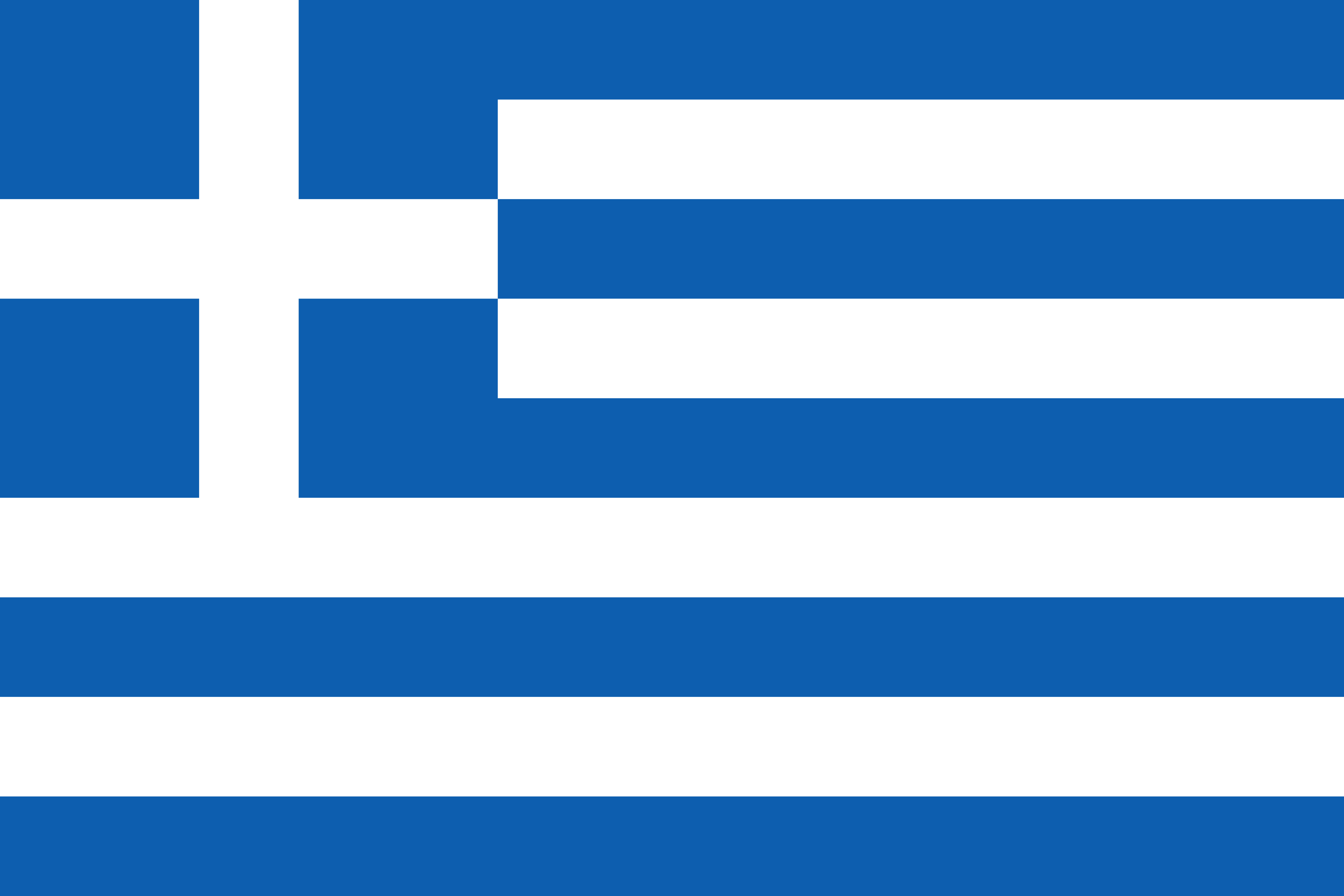 Flag of Greece with blue and white stripes and a white cross on a blue square in the top left corner.
