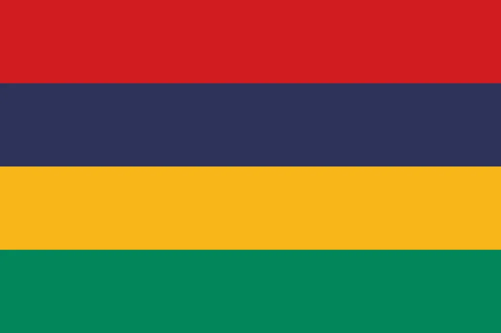 Drapeau de l'île Maurice avec quatre bandes horizontales de haut en bas : rouge, bleu foncé, jaune et verte.