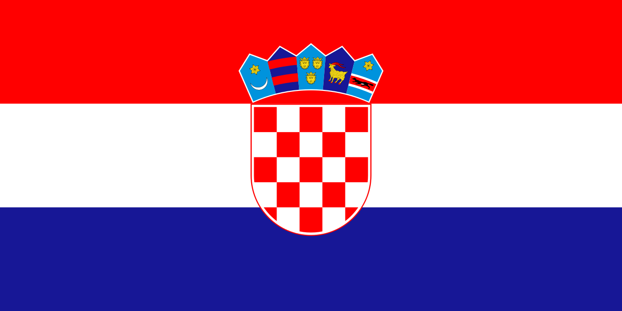 Croatia's flag with red, white, blue horizontal stripes and a central checkerboard shield topped by five smaller shields.