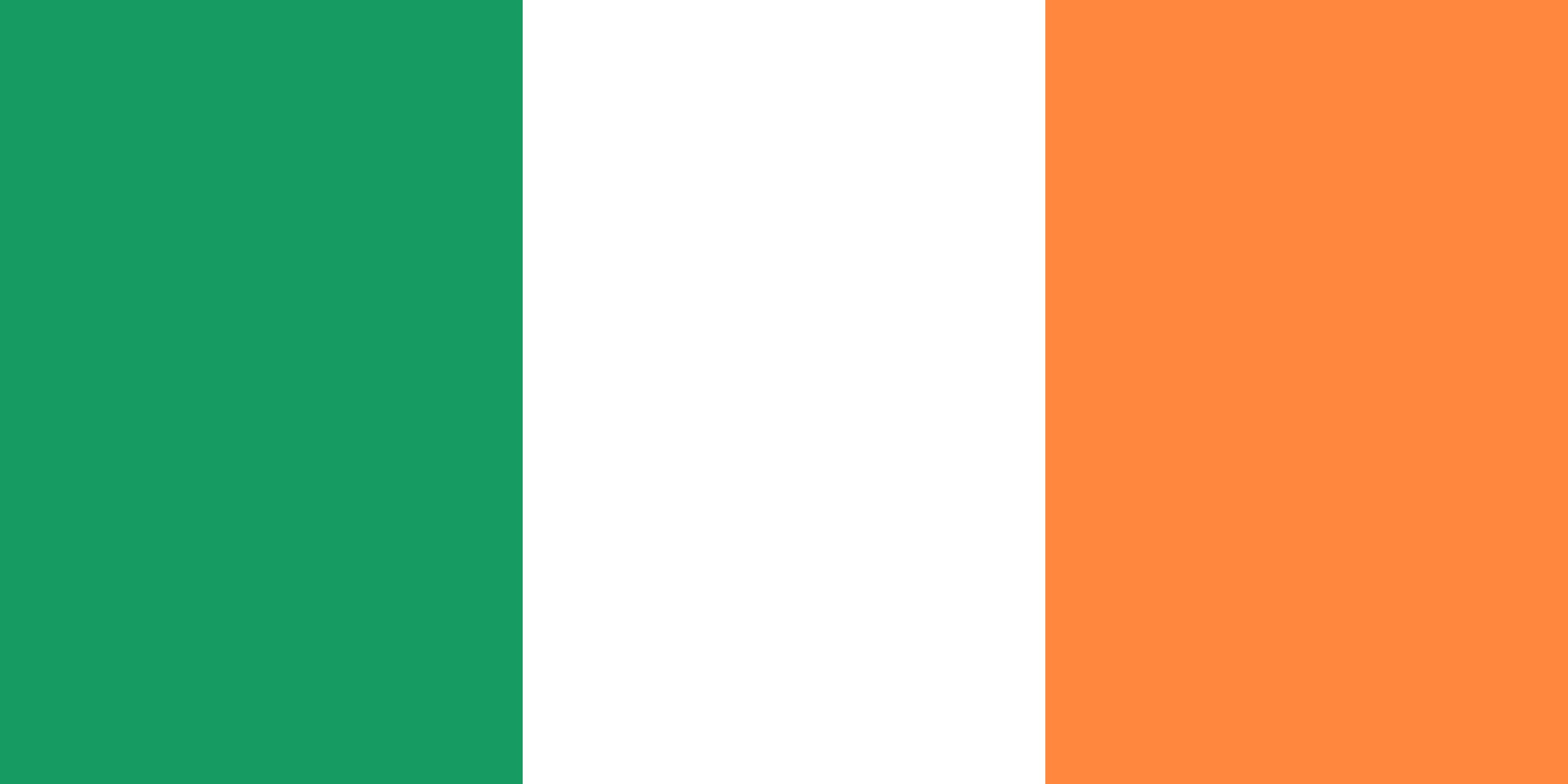 Flag with three vertical stripes in green, white, and orange, representing Ireland.