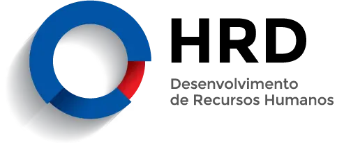 Logo HRD avec des formes circulaires bleues et rouges à côté du texte «&nbsp;Desenvolvimento de Recursos Humanos&nbsp;».
