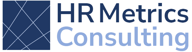 Logo with a blue square graphic and text HR Metrics Consulting in blue shades.