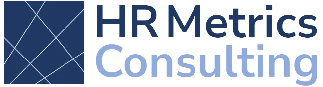 Logo avec un carré bleu et le texte « HR Metrics Consulting » en nuances de bleu.