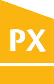 White PX letters on an orange-yellow background with a white line below.