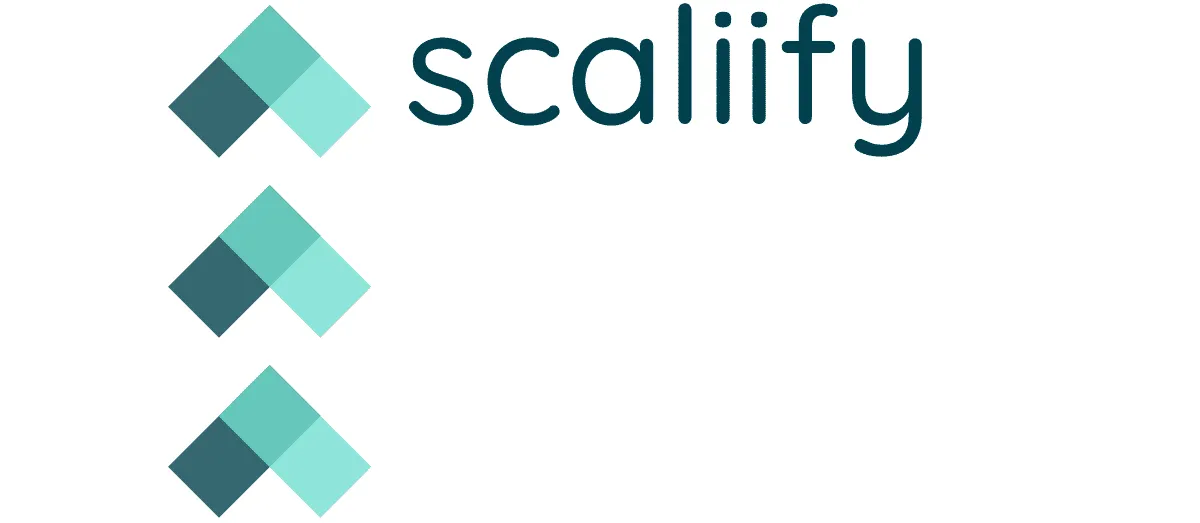 Logo de la marque Scaliify avec trois losanges turquoise empilés verticalement à gauche.