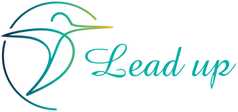 Leadup brand logo with stylized human figure and curved lines in teal and gold