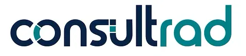 Logo Consultrad en lettres bleu foncé et turquoise.