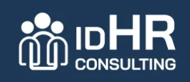 Logo d'IDHR Consulting avec des figures et du texte stylisés sur fond bleu foncé.
