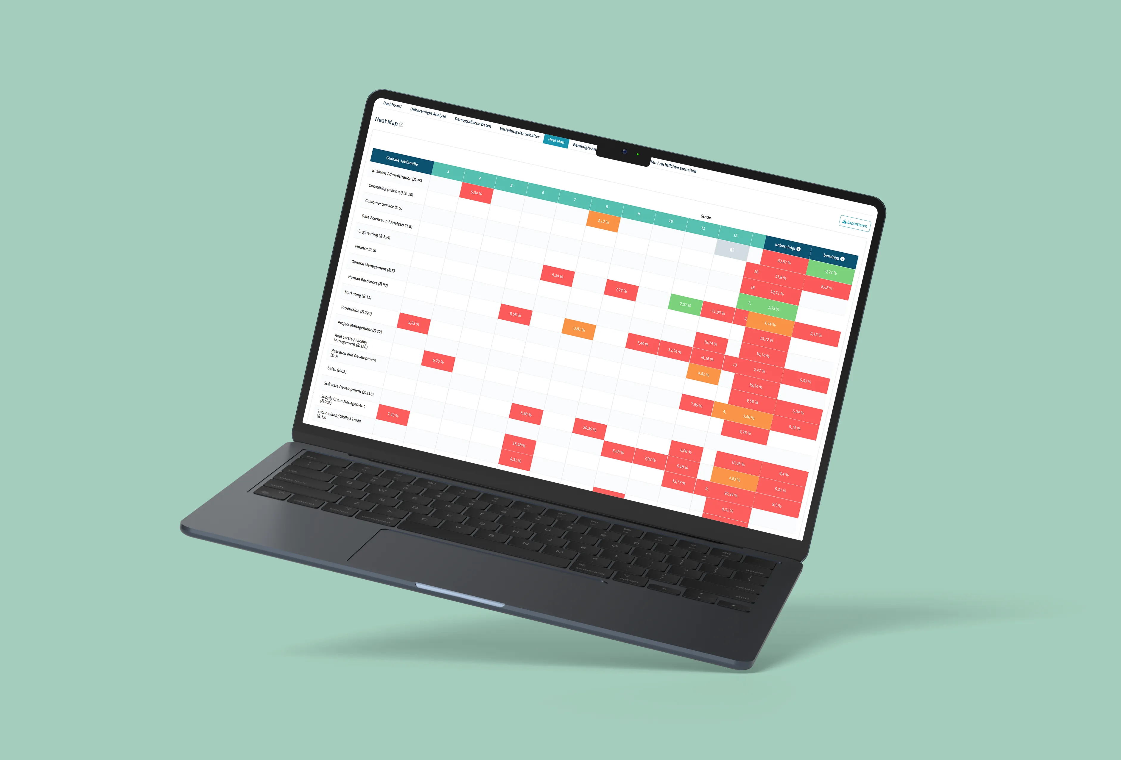 Laptop-Bildschirm mit farblich codierter Heatmap-Analyse zum geschlechtsspezifischen Lohngefälle in Prozent