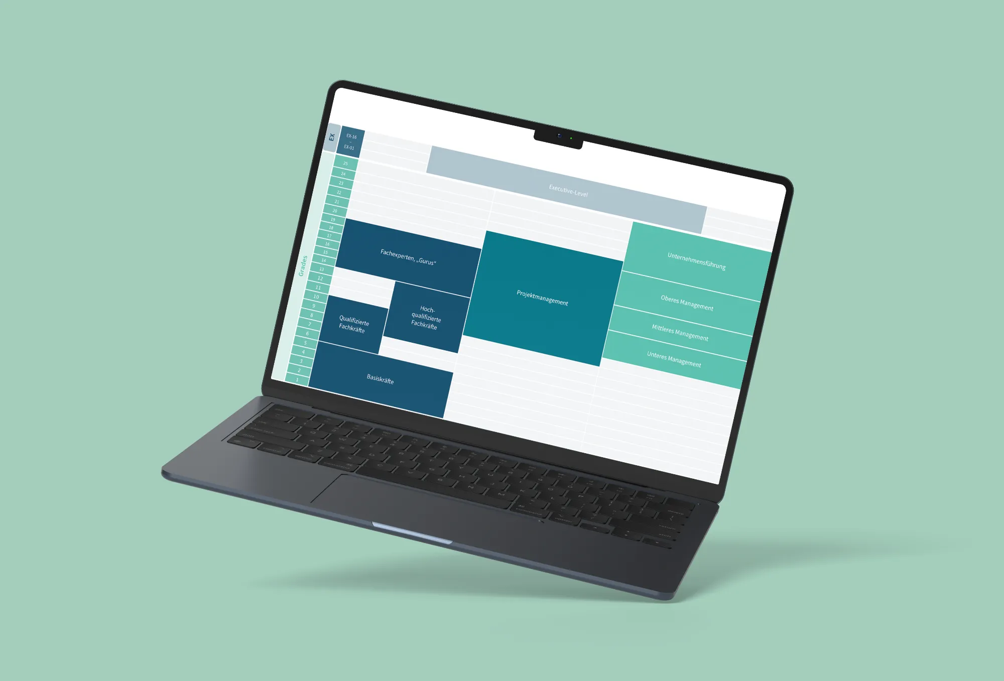 Ordinateur portable-Bildschirm mit Diagramm zur Einteilung von Jobstufen in Experten-, Management- et Basiskompetenzen