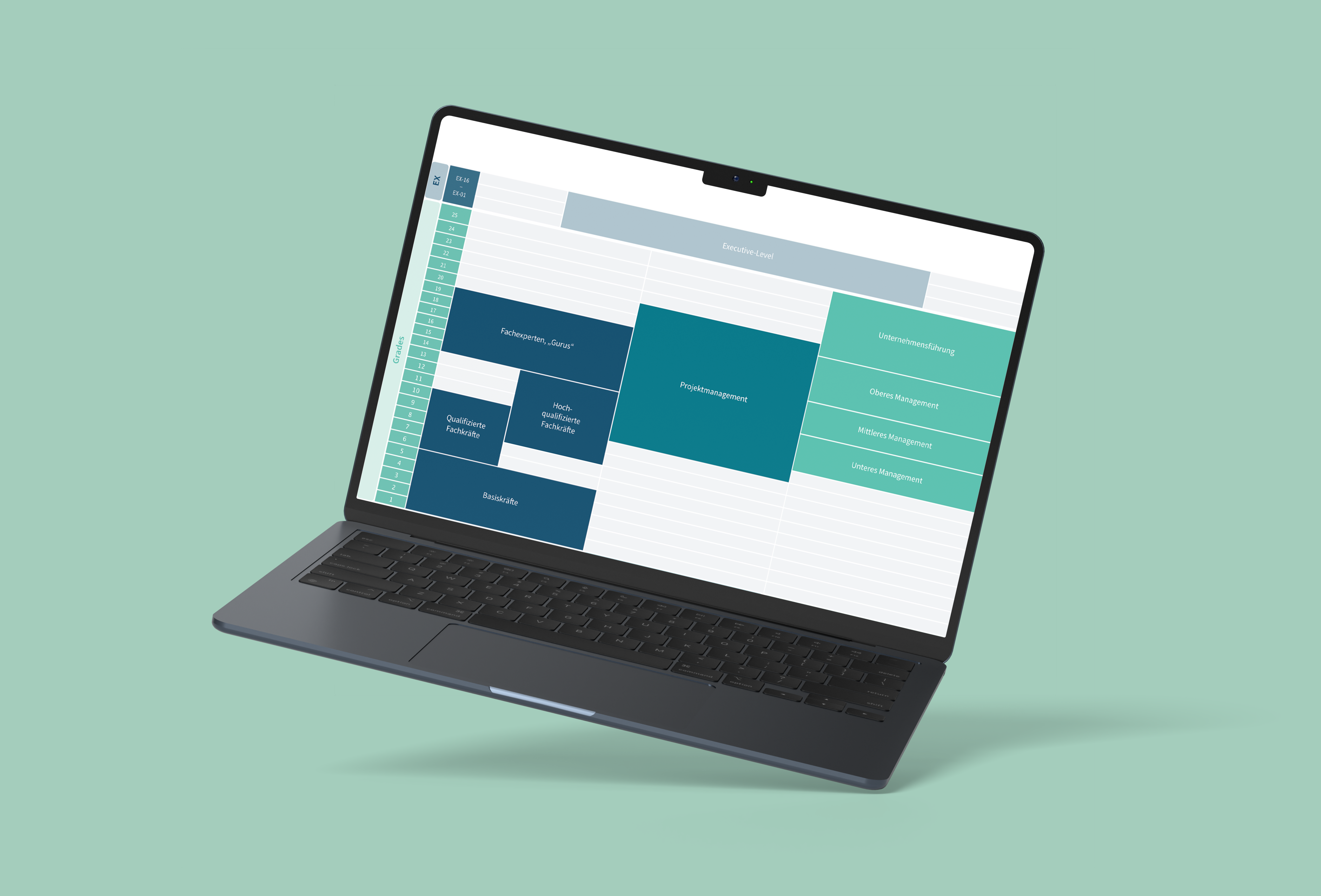 Laptop-Bildschirm mit Diagramm zur Einteilung von Jobstufen in Experten-, Management- und Basiskompetenzen