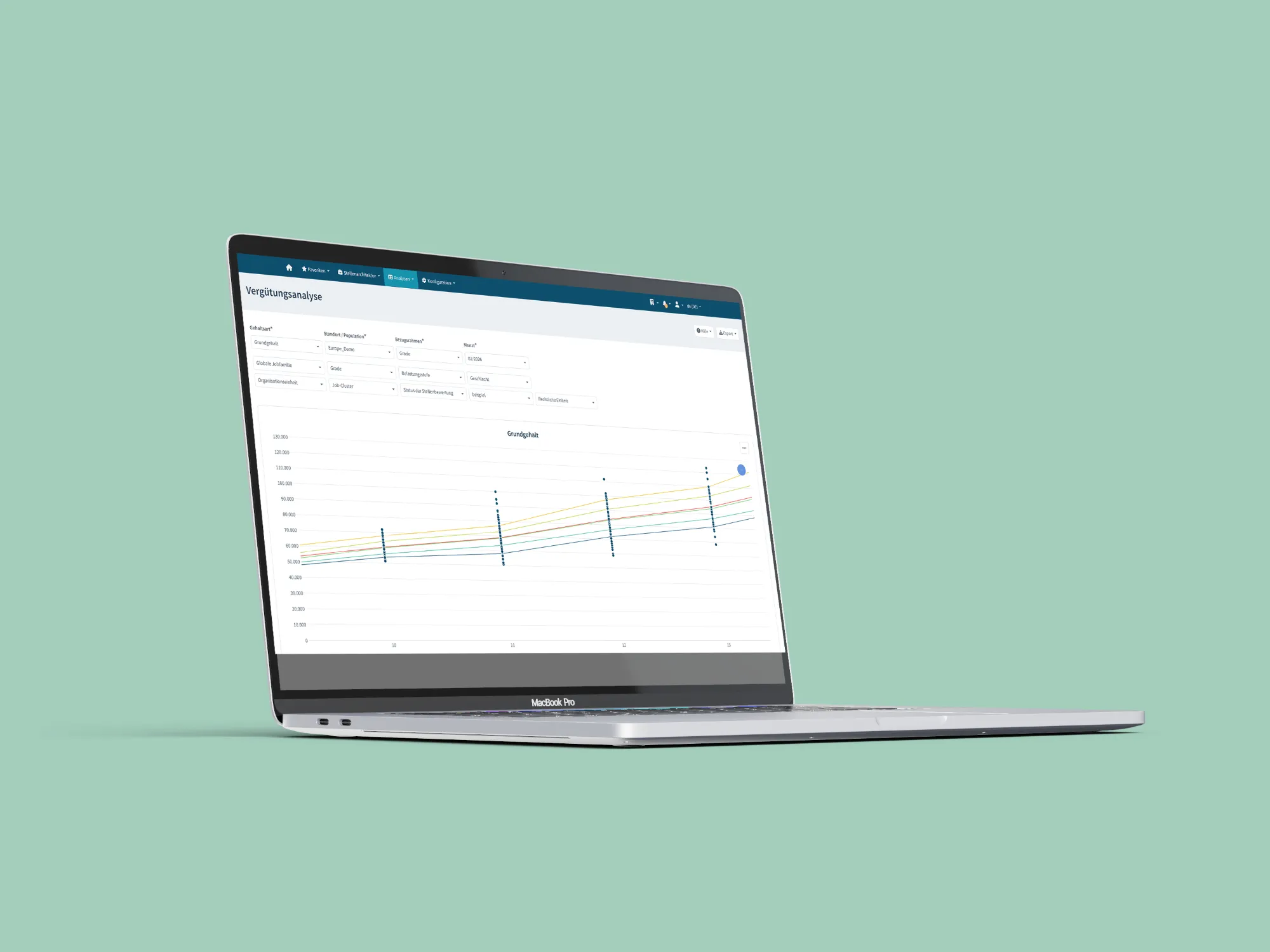 MacBook Pro avec diagramme d'analyse, données filtrées et lignes de vérification des supports de montage