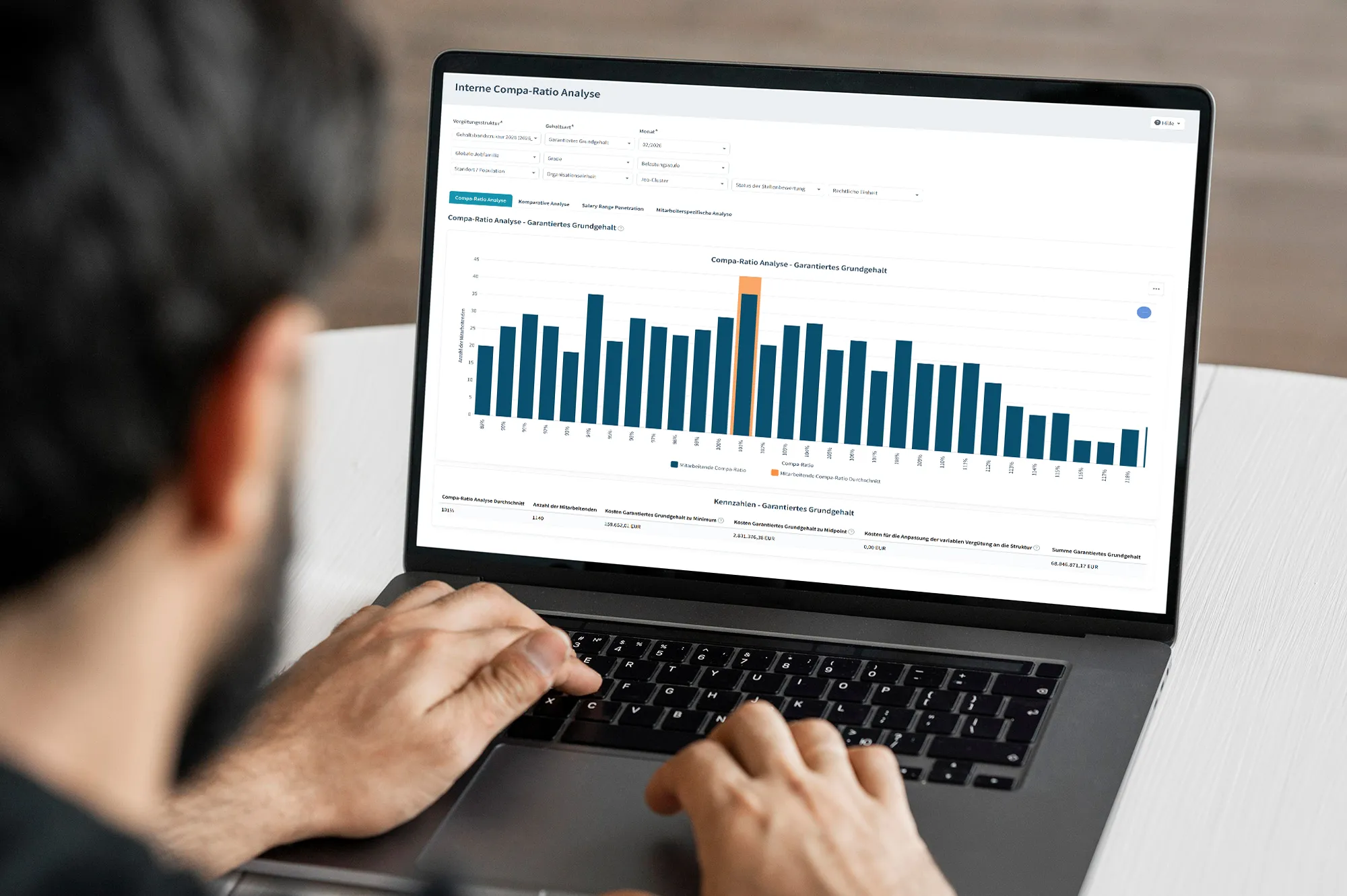Personne sur un ordinateur portable avec analyse de ratio interne, diagramme de diagramme et données de base