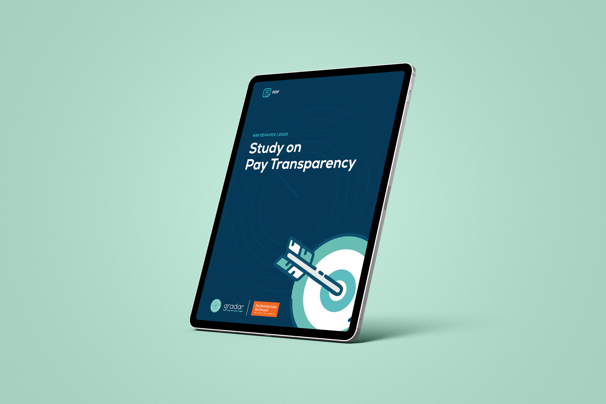 Tablet displaying a whitepaper titled Study on Pay Transparency with a target icon on a teal background.