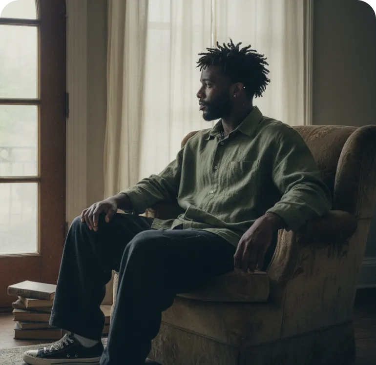 Man with short dreadlocks and beard sitting in an armchair near a window with sheer white curtains, looking outside contemplatively.