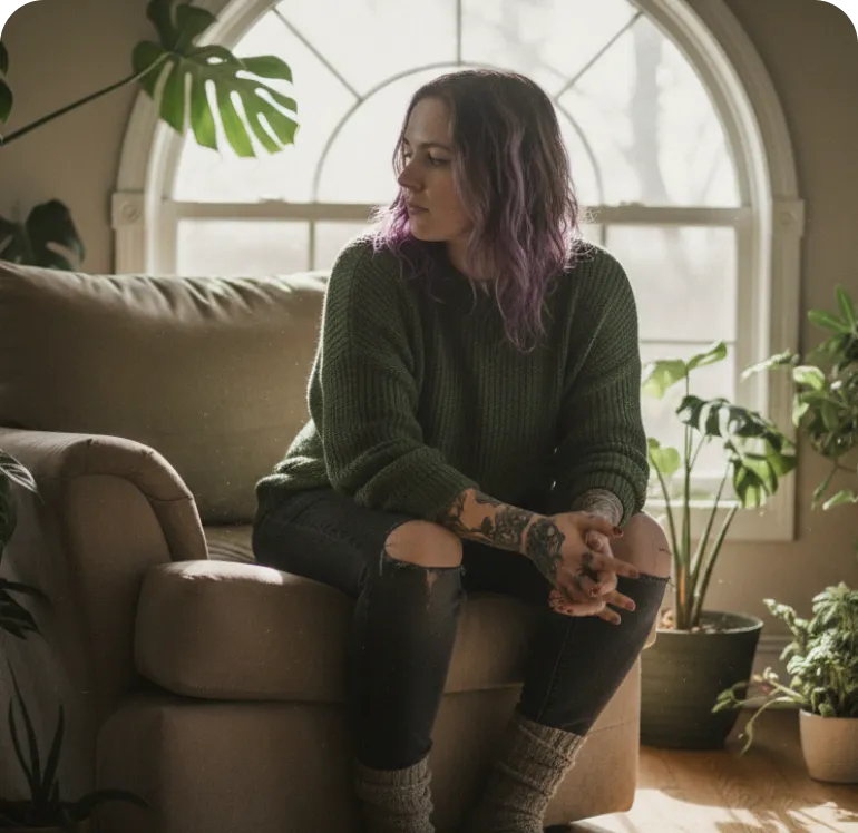 Woman with purple hair, wearing a green sweater and ripped black jeans, sitting on a beige couch in a sunlit room with plants and an arched window in the background.