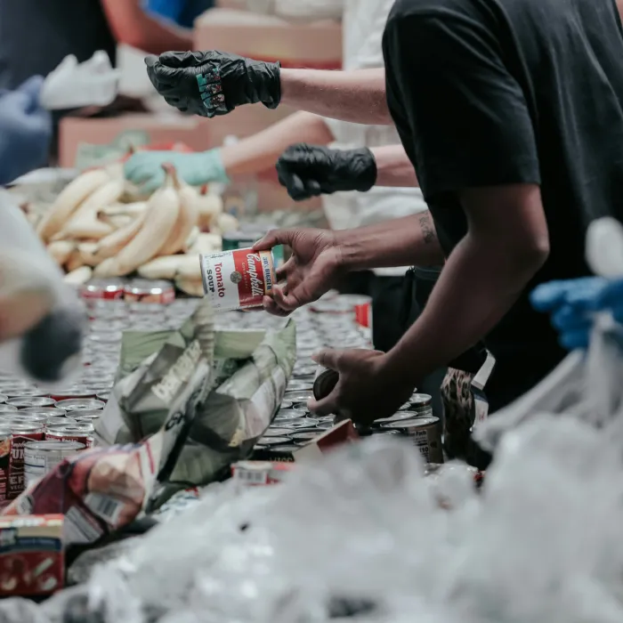 Volunteers wearing gloves sorting and distributing canned food and bananas at a food pantry.