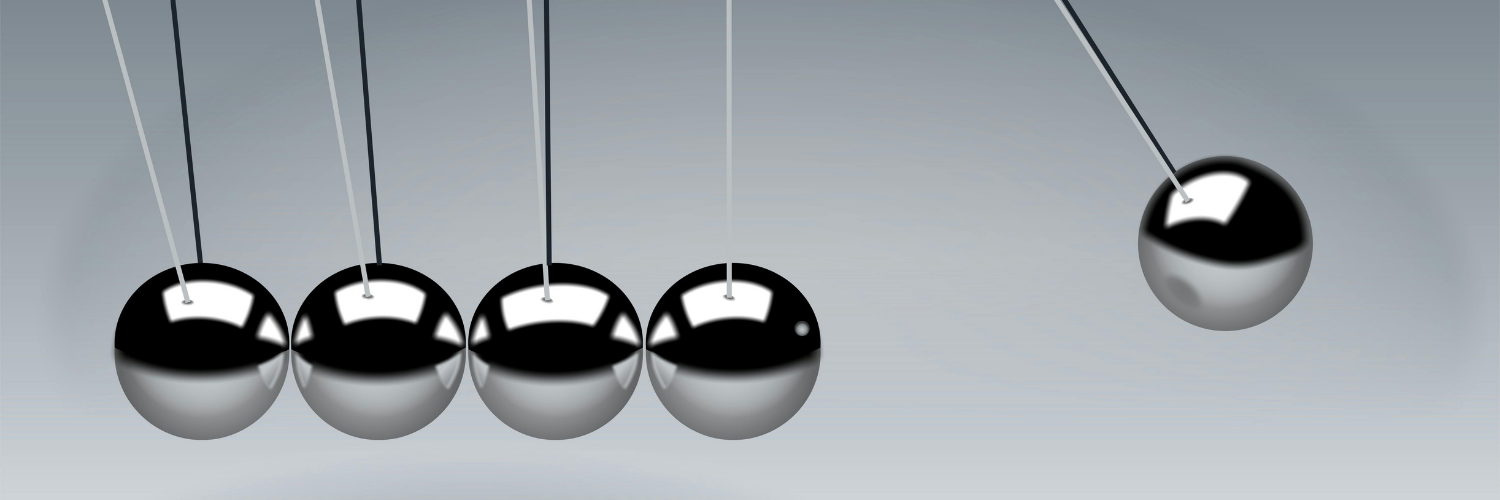 Newton's cradle with four stationary metal balls and one swinging ball on a gray gradient background.