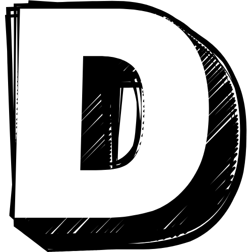 Großer weißer Buchstabe D auf schwarzem Hintergrund.