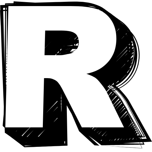 Großer weißer Großbuchstabe R auf schwarzem Hintergrund.