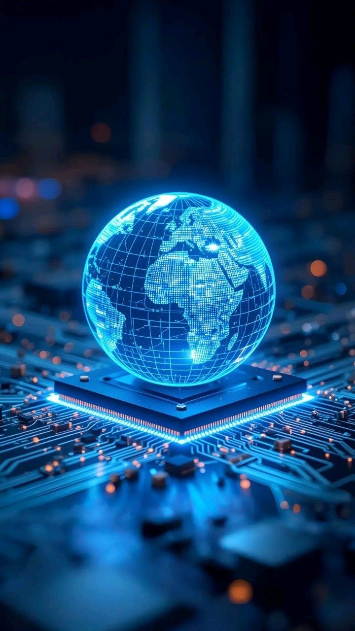 Leuchtende blaue digitale Weltkugel schwebend über einem Mikrochip auf einer Platine.