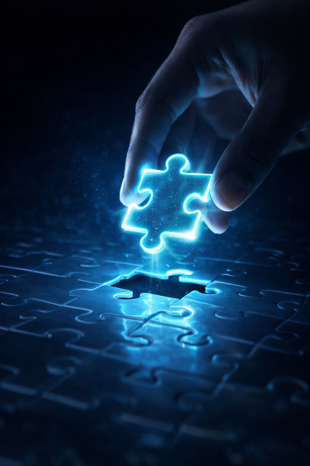 Hand hält ein leuchtendes Puzzlestück über ein passendes Loch auf einem dunklen Puzzle.