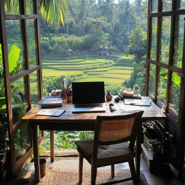 Schreibtisch mit Laptop und Stuhl vor offenem Fenster mit Blick auf grüne Reisfelder und Palmen.